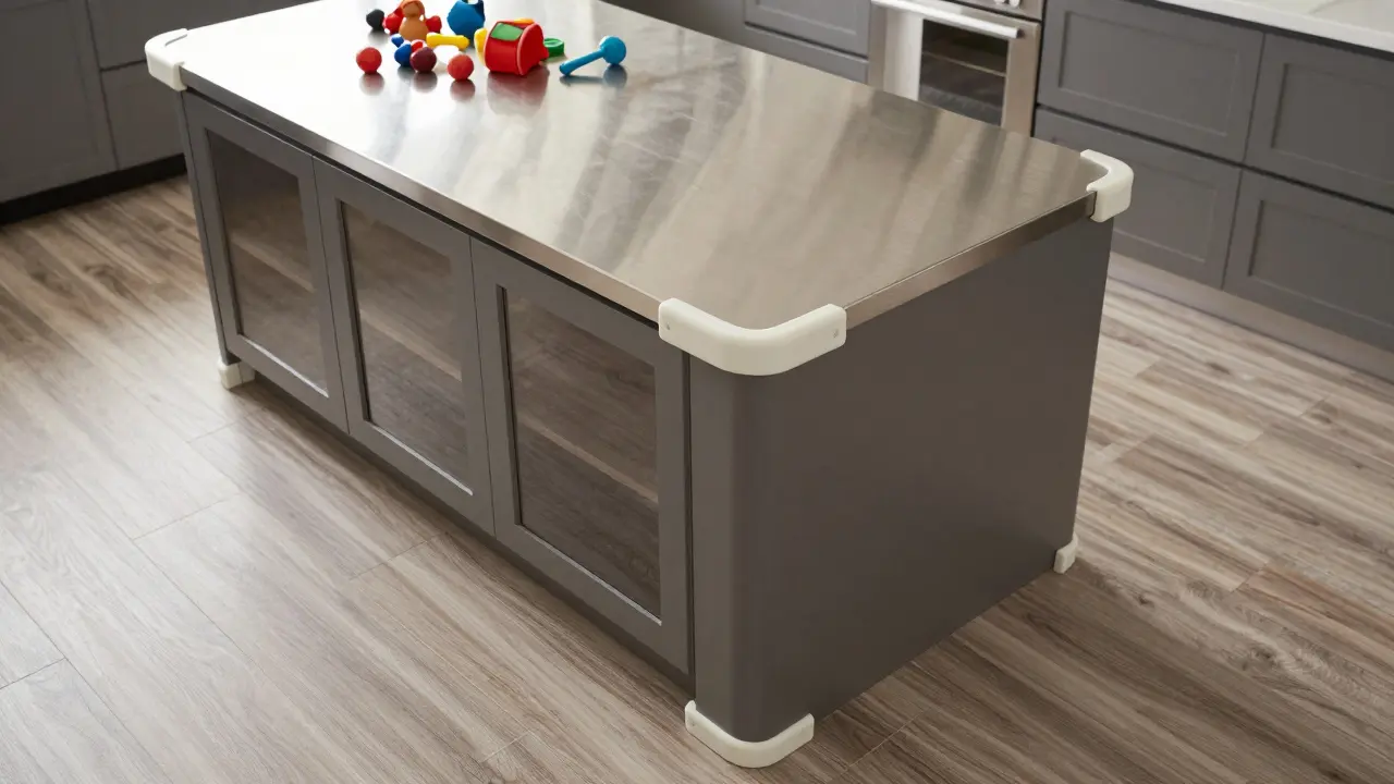 Weiche Silikonkantenschoner schützen die Ecken einer Kücheninsel vor Stürzen.