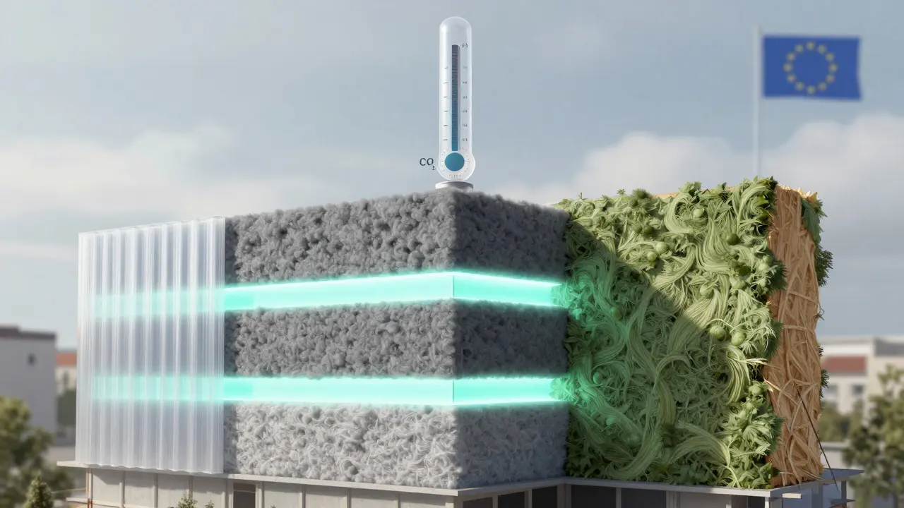 Architektonische Darstellung eines Gebäudes mit drei verschiedenen Dämmschichten und CO₂-Messung in der Luft.