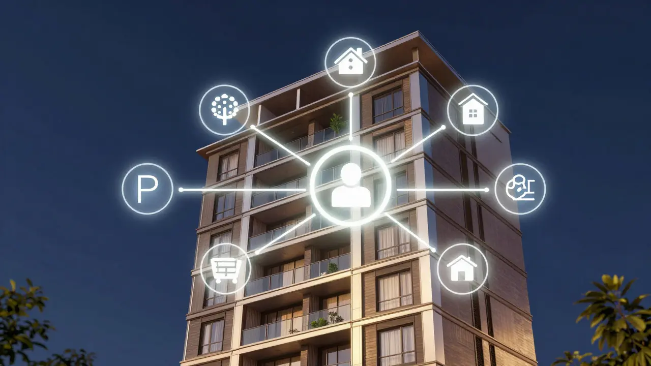 Digitale Blockchain-Visualisierung mit Sondernutzungsrechten über einem Mehrfamilienhaus.