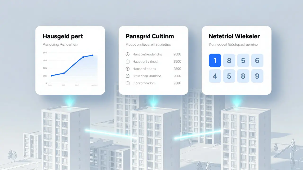 Digitale Oberfläche über einem Mehrfamilienhaus, die Zahlungen, Abstimmungen und Sanierungsfristen visualisiert.