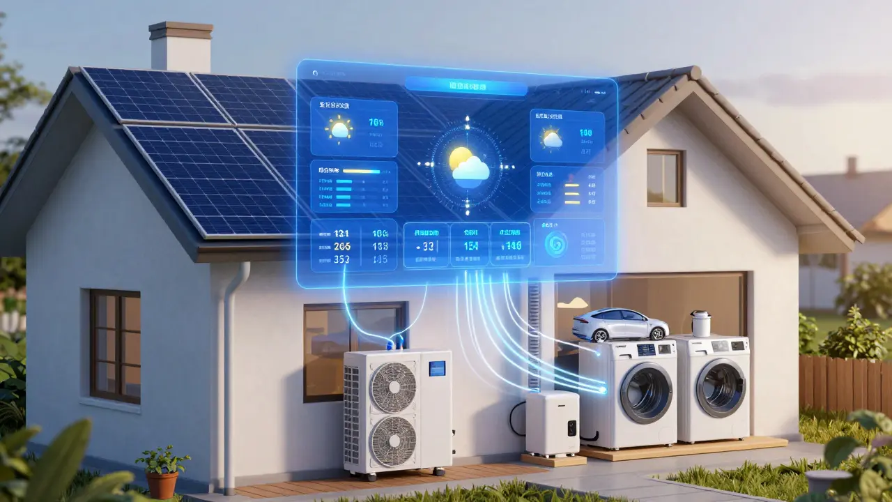 Digitales Energiesystem visualisiert die Verbindung zwischen Solarstrom, Batterie und smarten Haushaltsgeräten in einem homogenen Netzwerk.