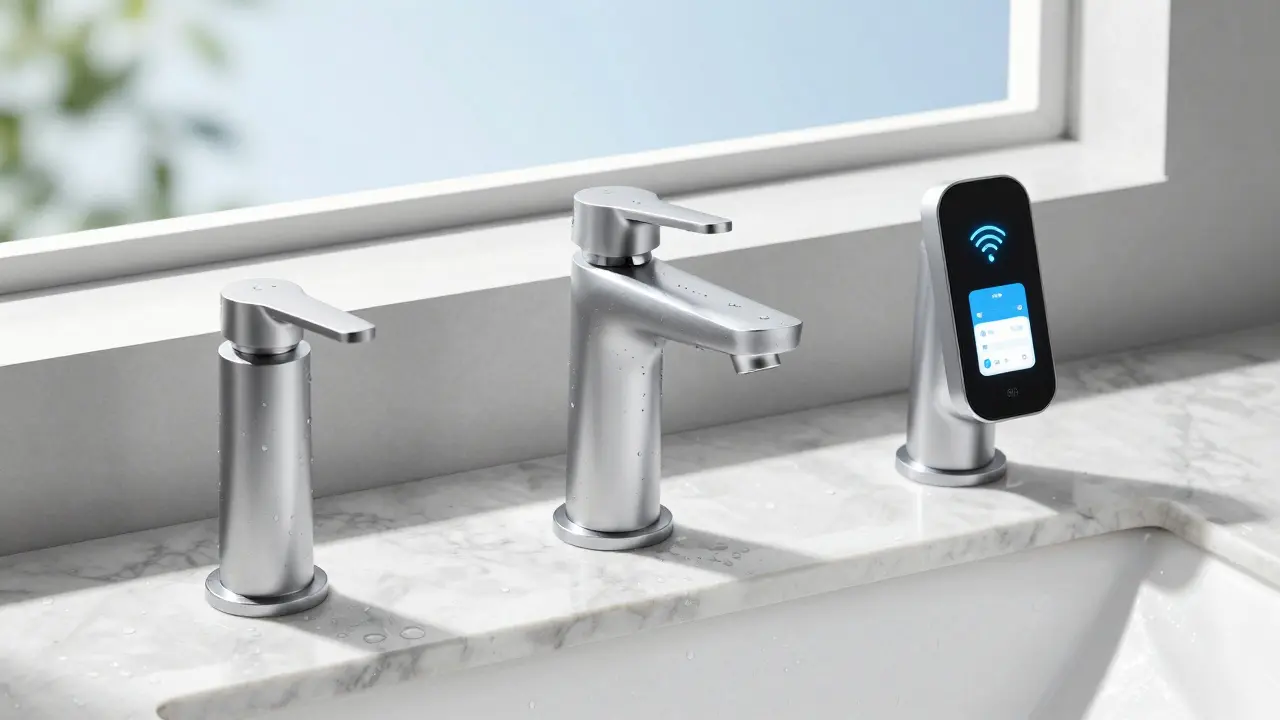 Drei Arten von Badezimmerhähnen im Vergleich: mechanisch, berührungslos und smart mit digitaler Anbindung.
