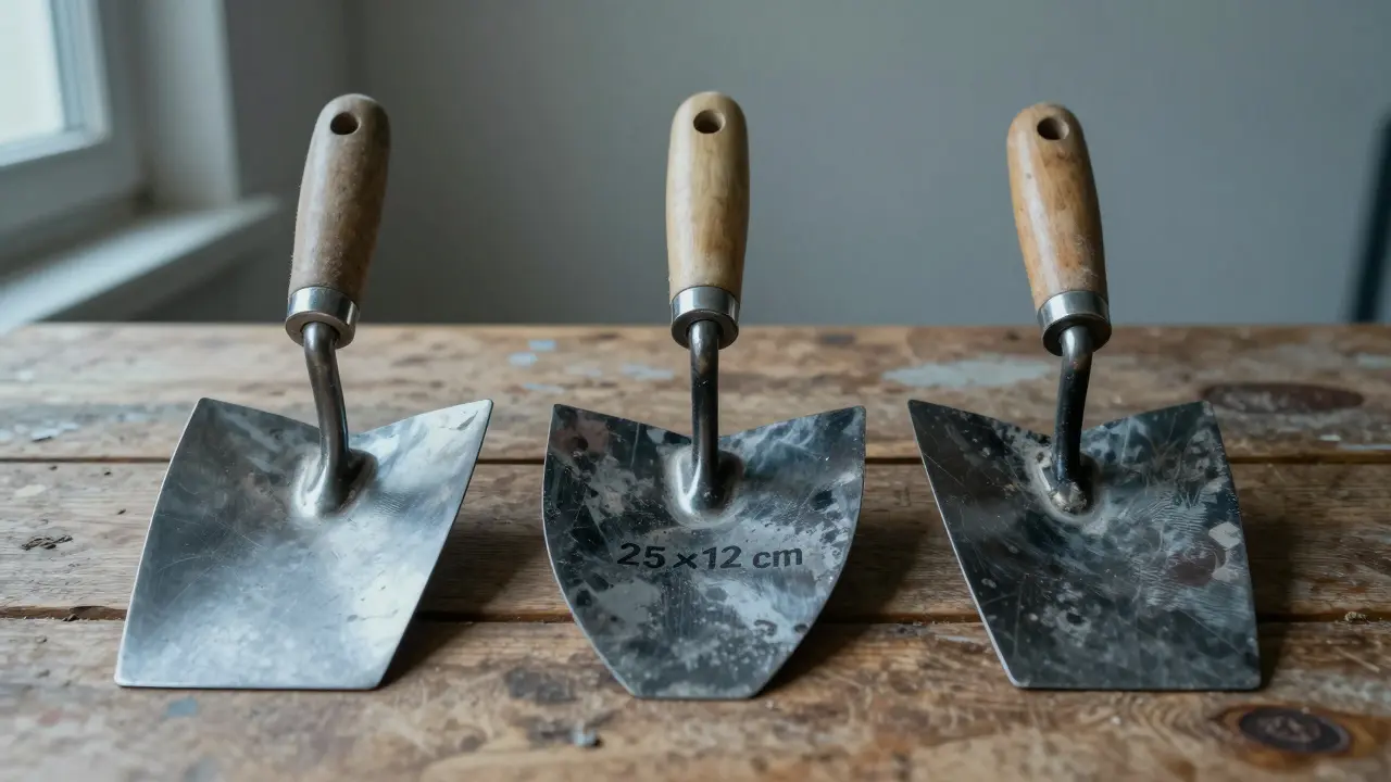 Drei hochwertige Kellen – Maurerkelle, Glättkelle und Zahnkelle – liegen auf Holz, mit subtilen Gebrauchsspuren.