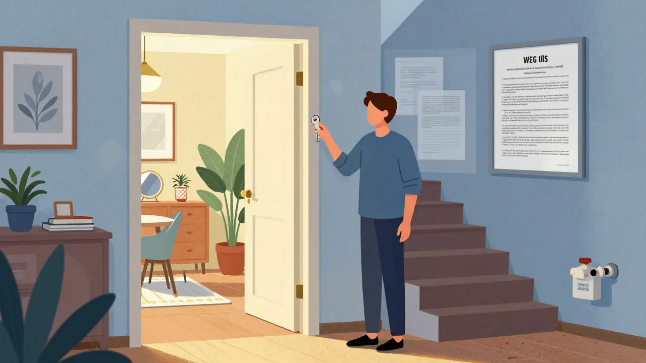 Eigentümer an der Schwelle zwischen privater Wohnung und gemeinschaftlichem Treppenhaus, symbolisch für Rechte und Pflichten.
