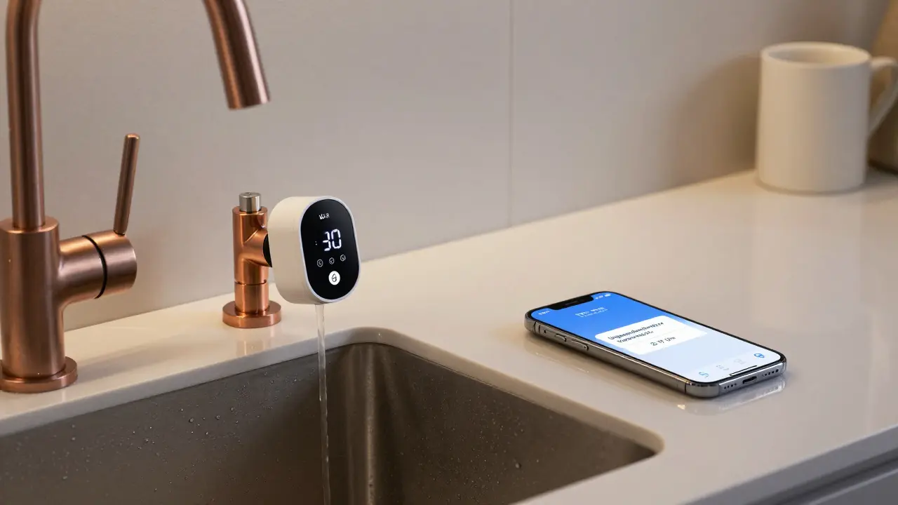 Ein Durchflusssensor an der Küchenleitung zeigt ungewöhnlichen Wasserverbrauch auf einem Smartphone an.