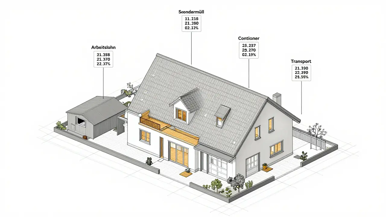 Ein Grundriss eines Hauses mit aufgezeigten Kostenposten wie Container, Sondermüll und Arbeitslohn.