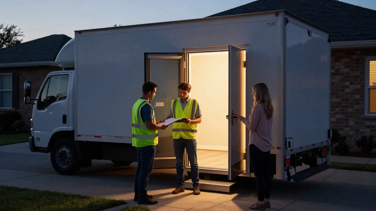 Ein leer geräumtes Einfamilienhaus mit Übergabeprotokoll am Eingang, abends bei warmem Licht.