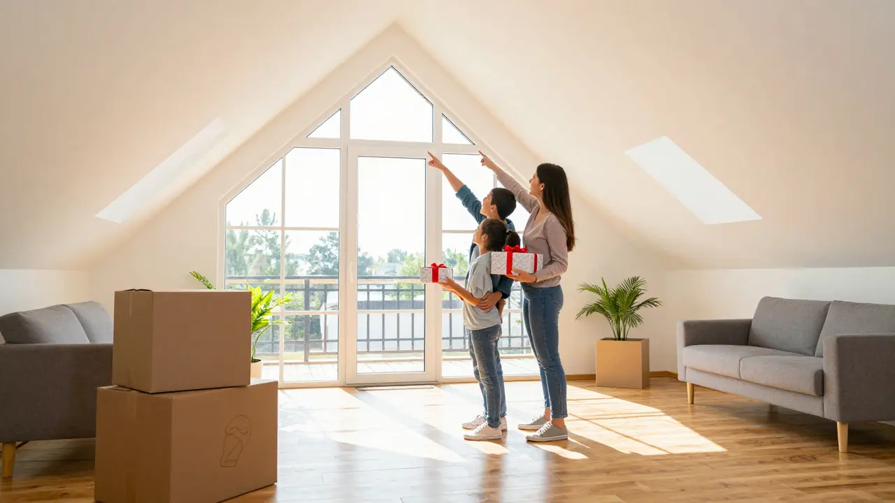 Family happily moving into a bright, newly renovated attic apartment with sloped ceilings and large windows.