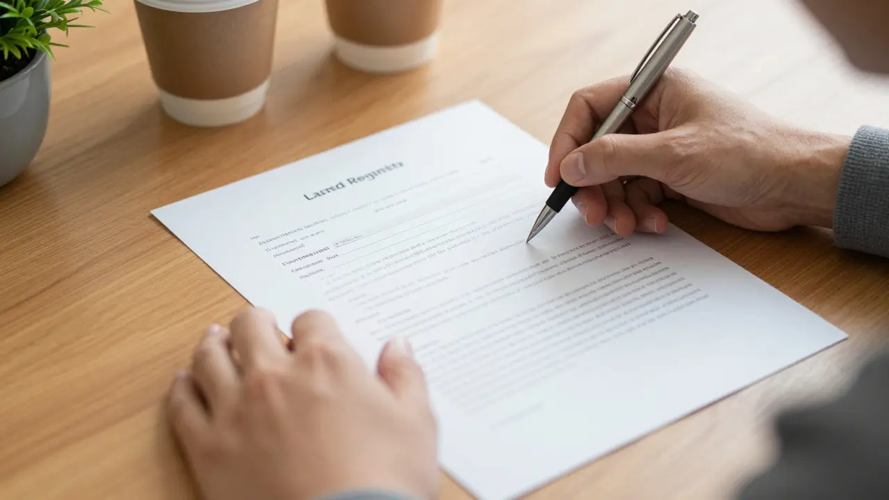Hand hält Stift über Notariatsdokument mit elektronischem Grundbucheintrag darunter.