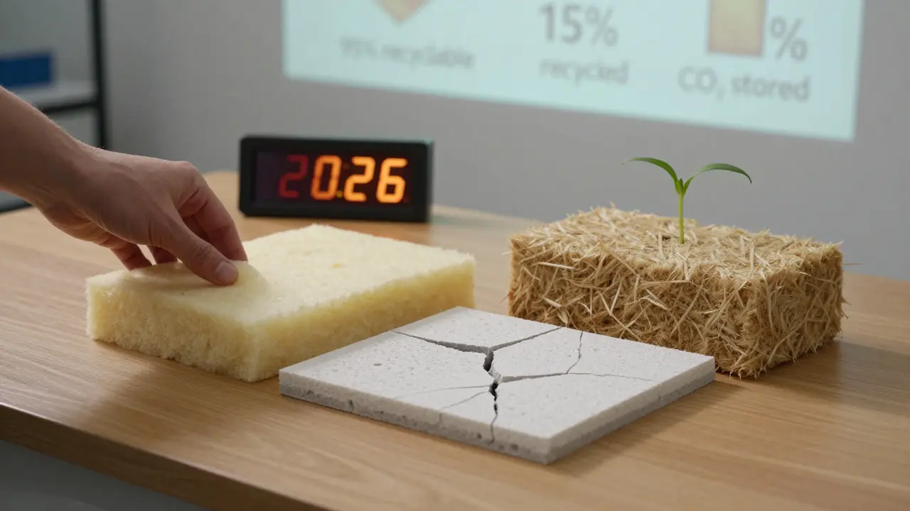 Hände legen drei Dämmproben auf Holztisch, mit digitaler Uhr und CO₂-Statistiken im Hintergrund.