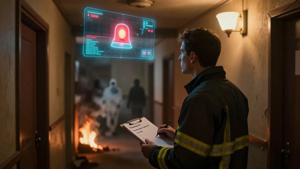 Hausbesitzer prüft Brandschutzmaßnahmen, während Rauch aus verborgenen Quellen aufsteigt.