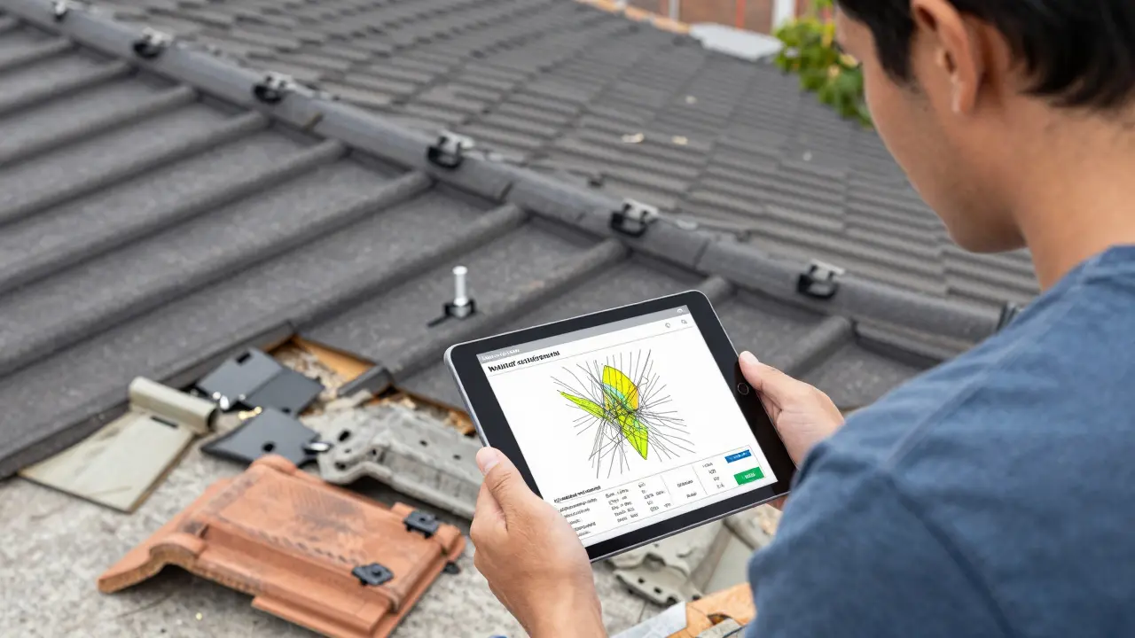 Hausbesitzer und Dachdecker besprechen die korrekte Installation von Sturmklammern an einem digitalen Plan.