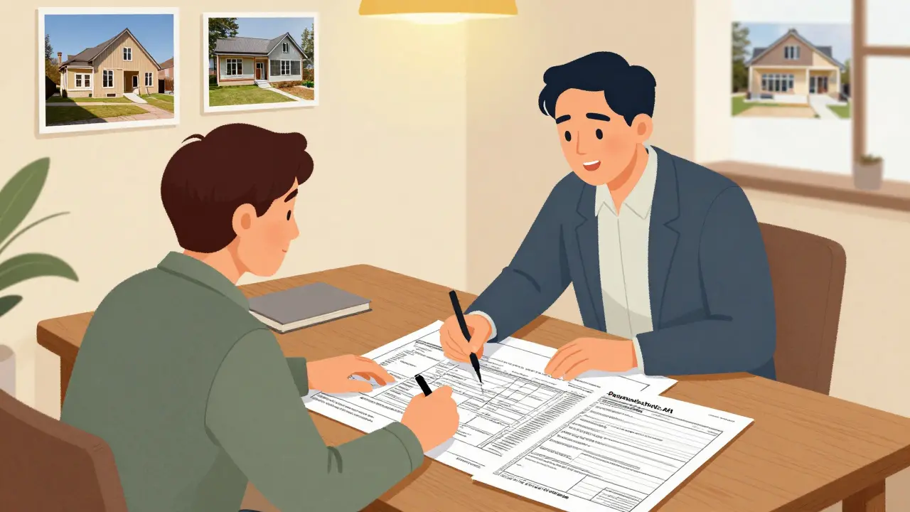 Hausbesitzer und Steuerberater besprechen Sanierungspläne mit Vorher-Nachher-Fotos und Dokumenten.