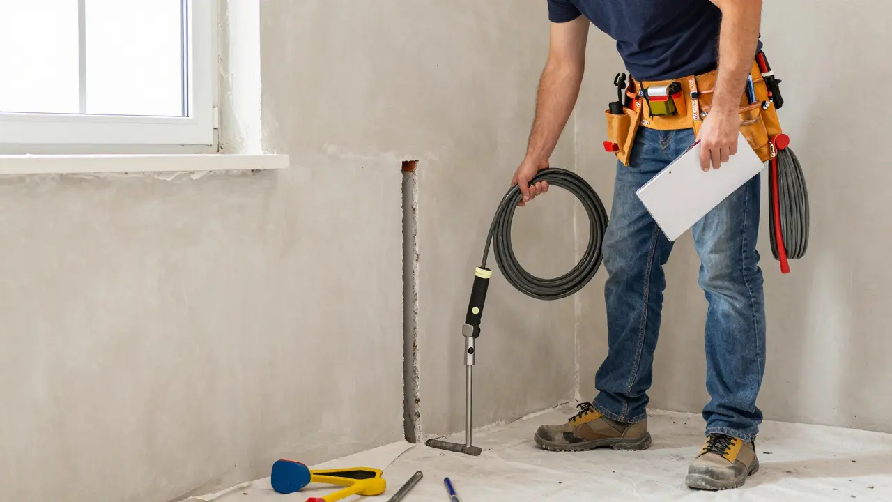 Heimwerker stemmt Leerrohrkanäle in der Wand, Elektriker hält Kabel bereit.