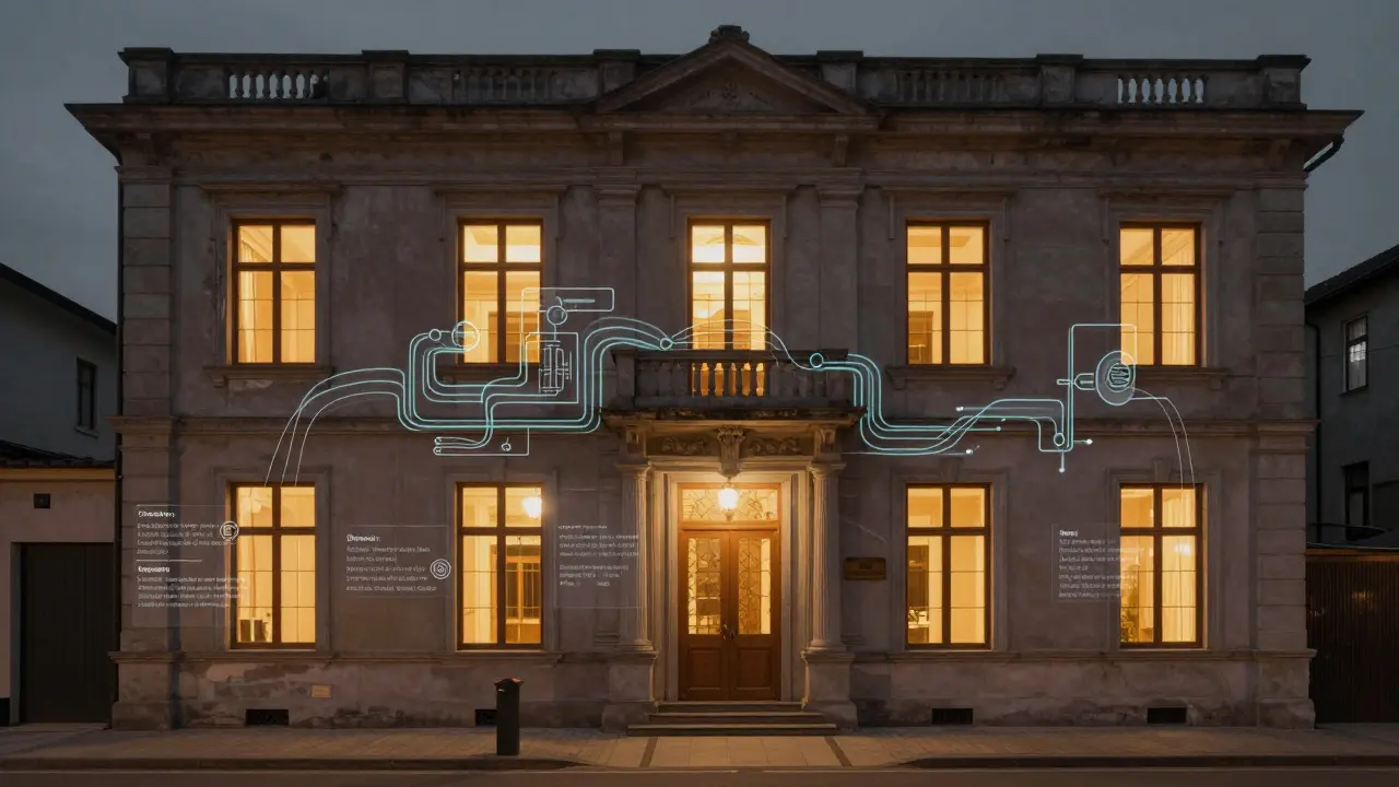 Historisches Gebäude mit unsichtbarer Innendämmung und energieeffizienter Technik, authentische Fassade erhalten.