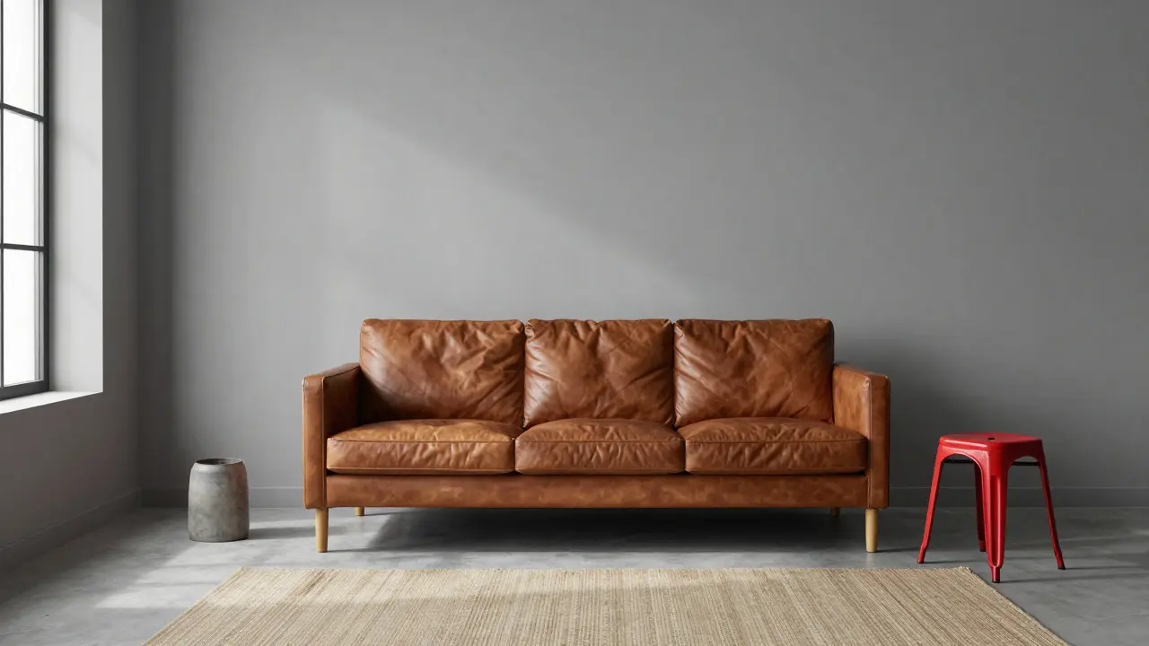 Industrielles Wohnzimmer mit grauen Wänden, braunem Sofa und rotem Hocker im 60-30-10 Farbverhältnis.
