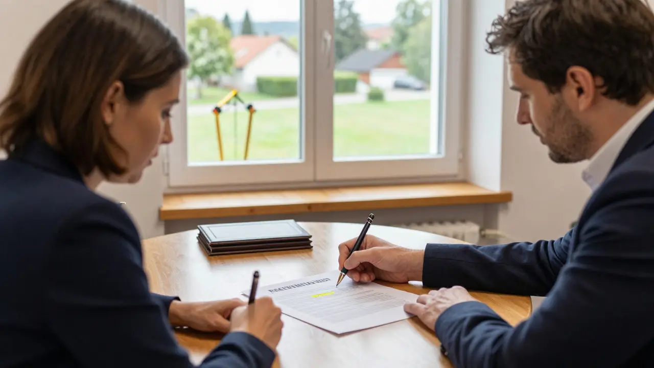 Käufer und Verkäufer unterschreiben einen Kaufvertrag mit klarem Hinweis auf Vermessungskosten in einer Notariatsstelle.
