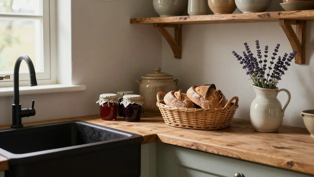 Ländliche Küche mit Holzregalen, selbstgemachten Marmeladengläsern und einem Korb frisches Brot in sanftem Tageslicht.