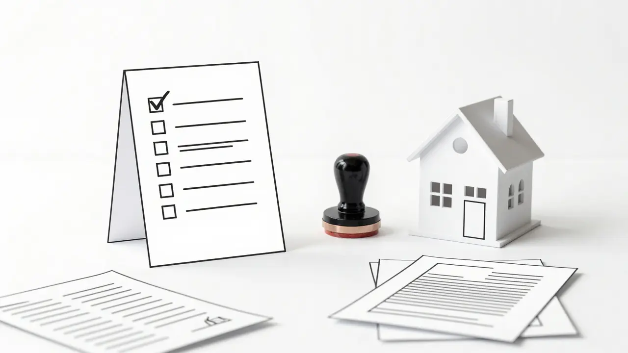 Minimalistische Checkliste mit Notarstempel und Hausmodell auf Schreibtisch