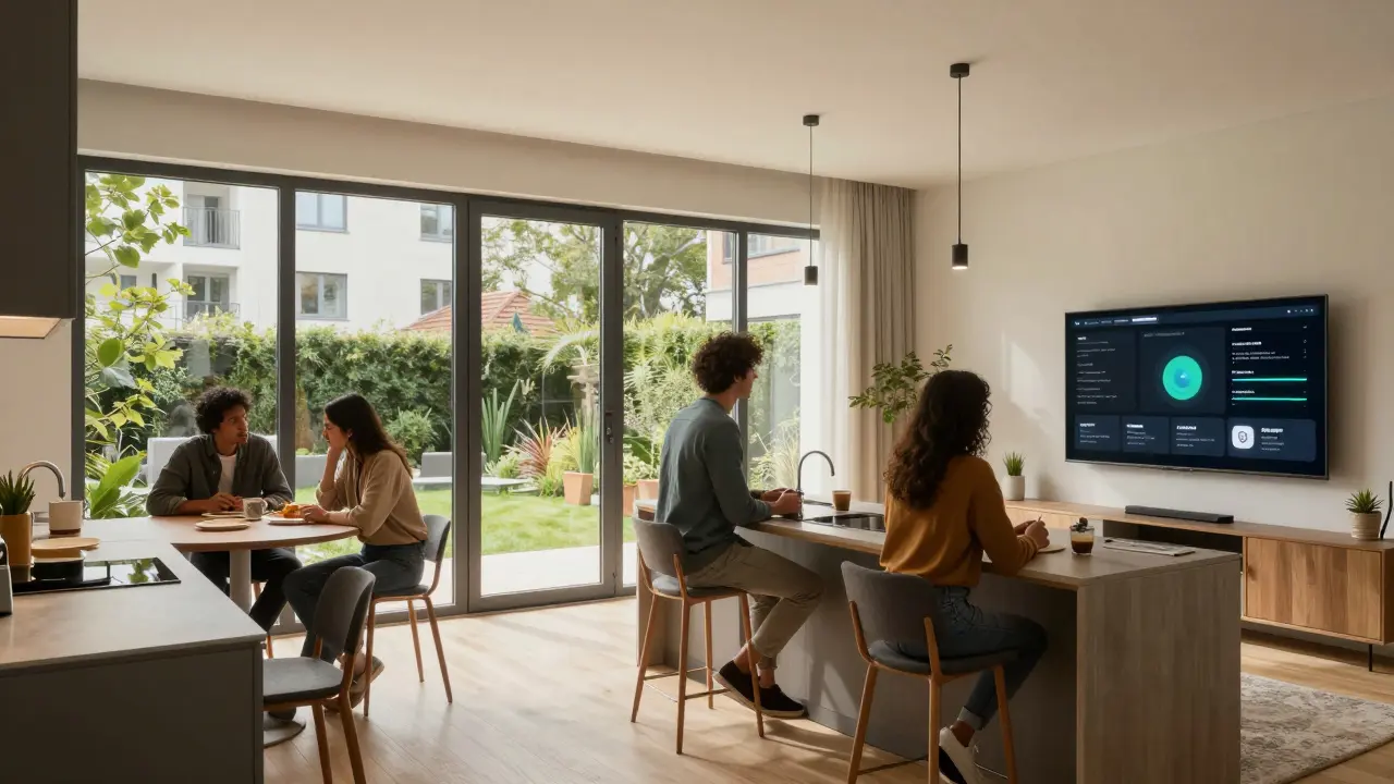 Moderne Mehrfamilienwohnung mit Gemeinschaftsraum, jungen Bewohnern und digitaler Analyse-Display in Berlin.