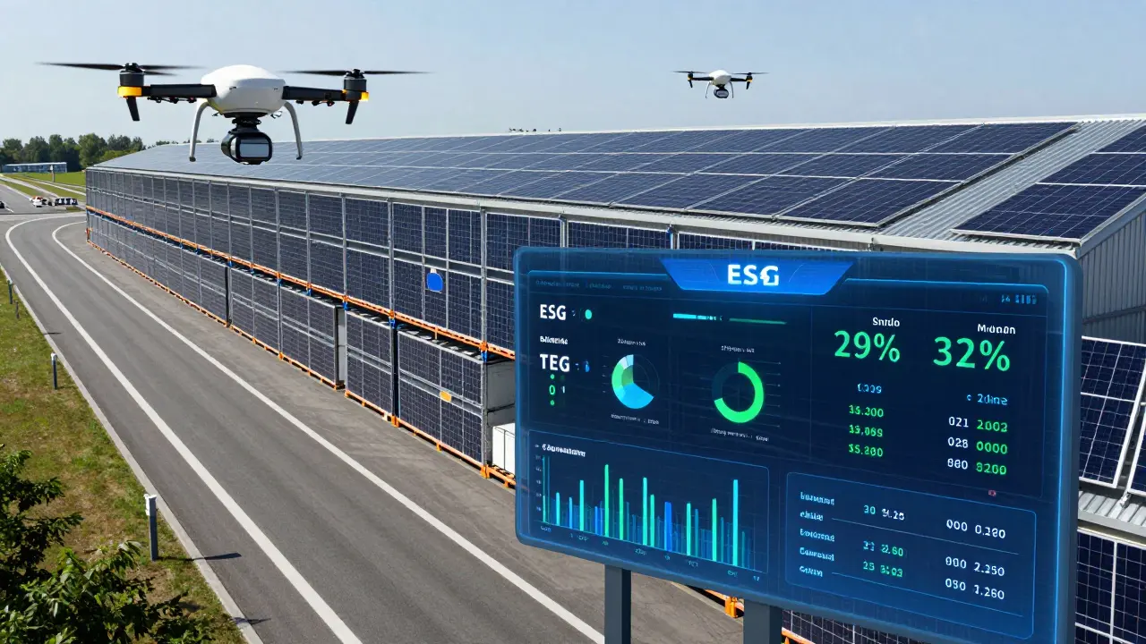Modernes Logistikzentrum mit Solaranlage, Drohnen und ESG-Datenanzeige an einer Autobahn in Deutschland.