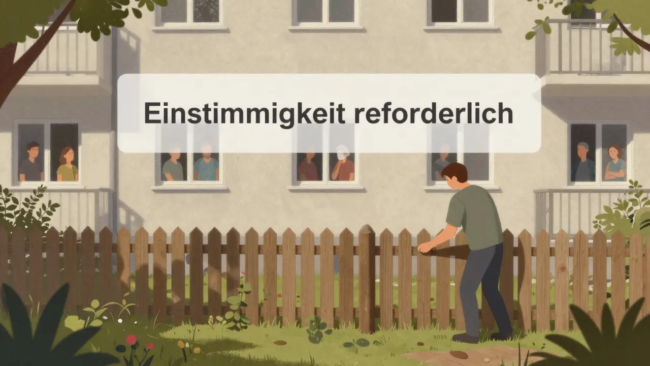 Nachbar beobachtet, wie jemand einen Zaun im gemeinsamen Garten baut.