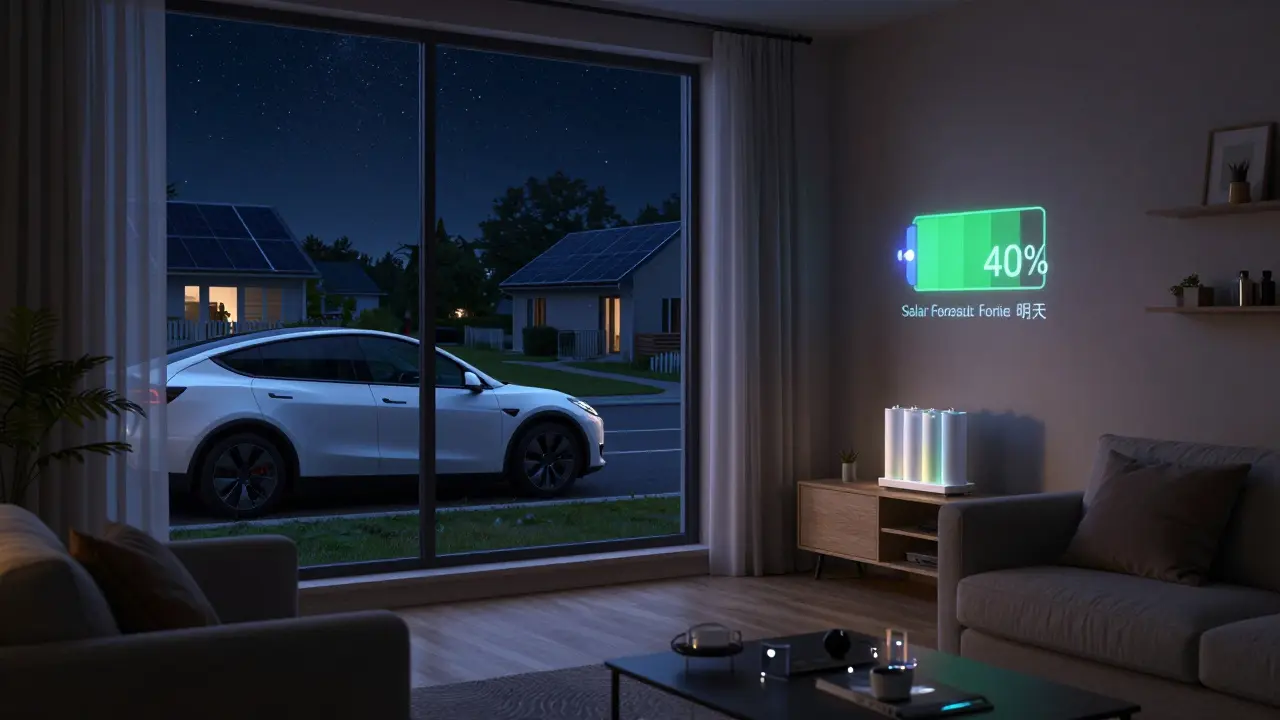 Nächtliche Szene eines energieautarken Hauses mit geladenem Elektroauto und aktivem Batteriespeicher, der bei Stromausfall das Haus versorgt.