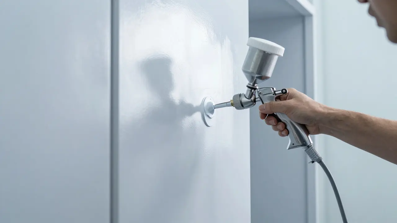 Professioneller Lackierer sprüht Hochglanzlack auf Küchenschränke.