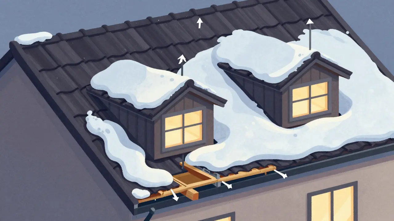 Querschnitt eines Daches mit Sturmklammern und ungleichmäßiger Schneelast an Kanten und Gauben.