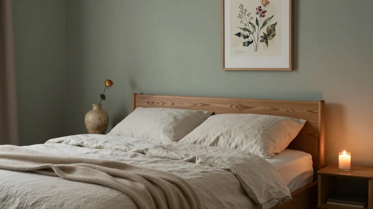 Ruhiges Schlafzimmer mit massivem Holzbett, Leinenbettwäsche und einer selbstgeformten Keramikvase mit einer getrockneten Rose.