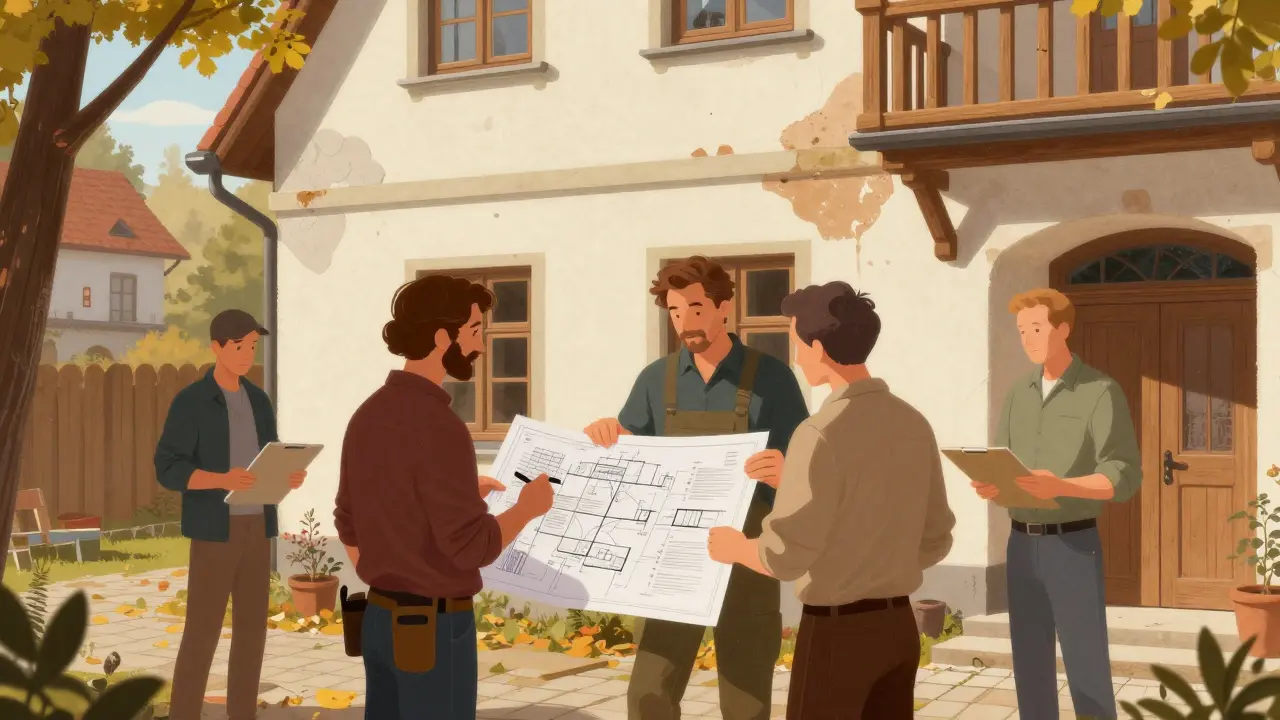 Team aus Denkmalpfleger, Handwerker und Energieberater bei der Planung einer historischen Sanierung.