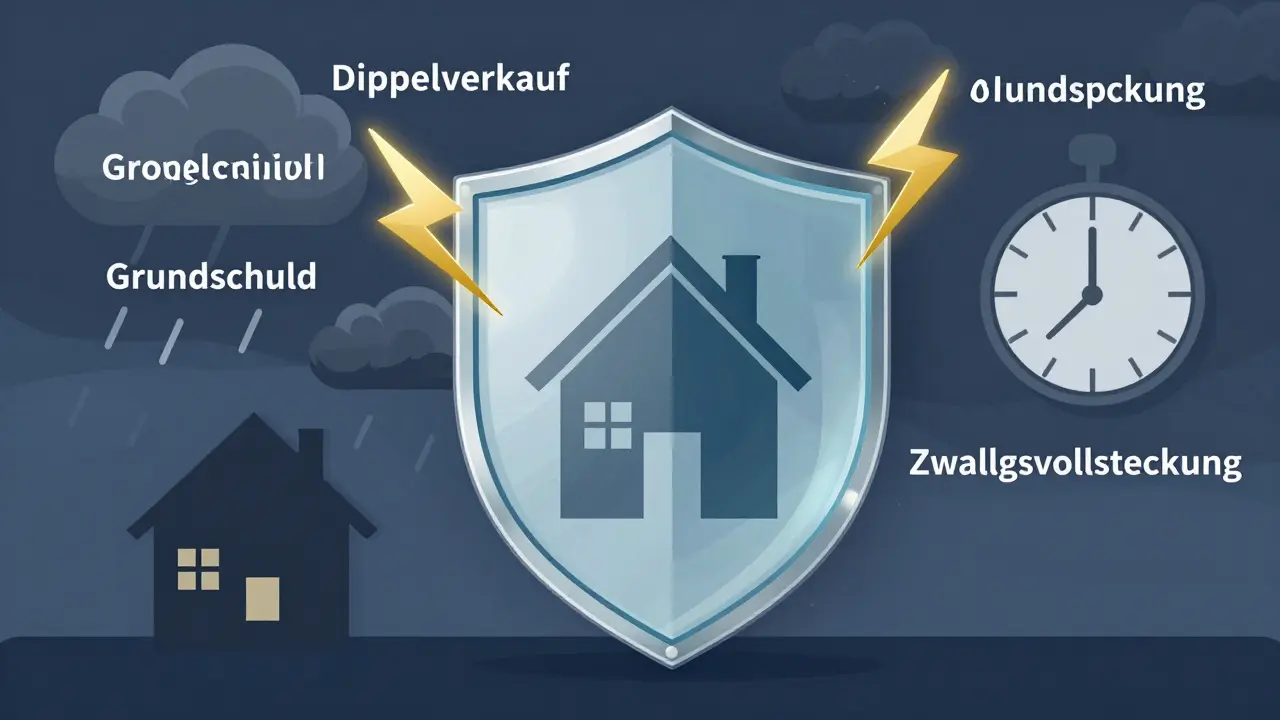 Transparenz-Schild schützt Haus vor rechtlichen Gefahren wie Doppelverkauf und Grundschuld.