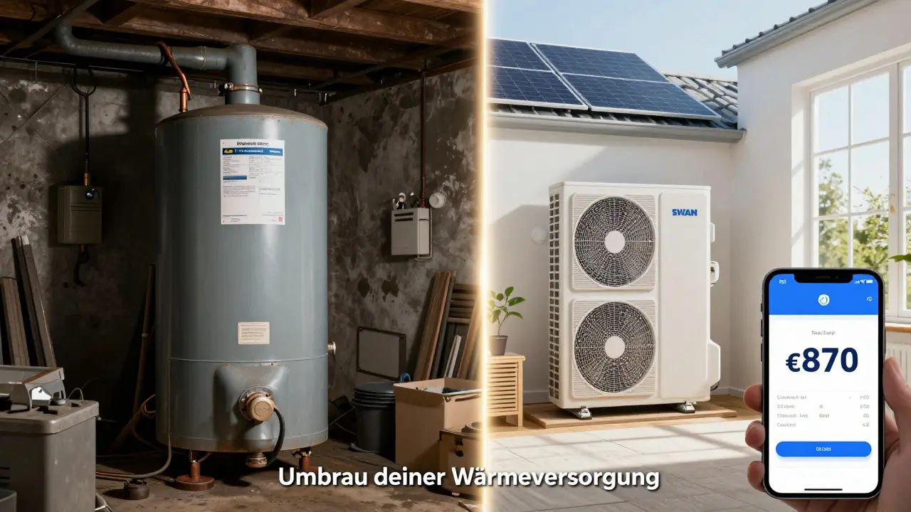 Vergleich: alte Gasheizung im Dunkeln vs. moderne Wärmepumpe mit Solaranlage und Einsparungen.