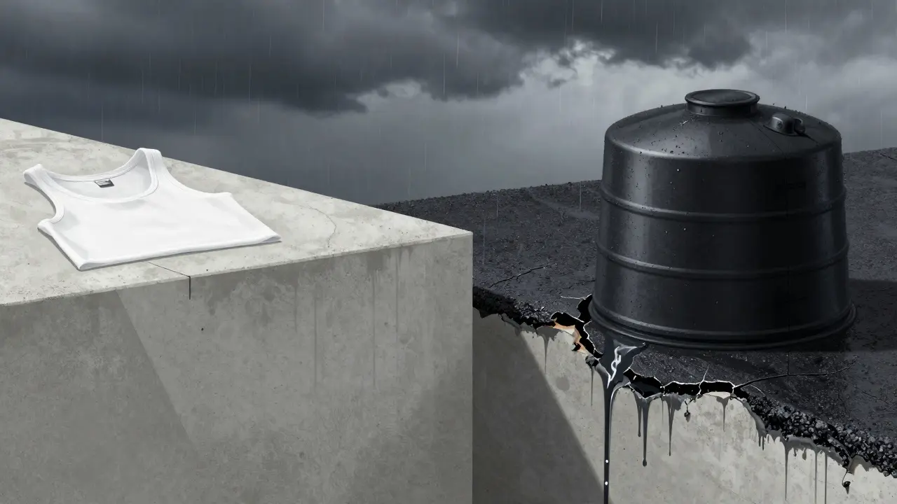 Vergleich der weißen und schwarzen Wanne: undurchlässiger Beton vs. abblätternde Bitumenabdichtung mit Wasserleckage.