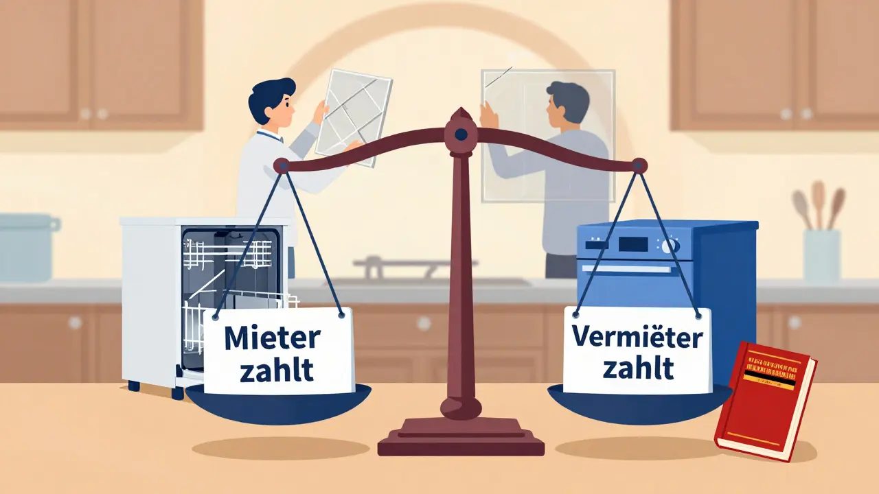 Waage in der Küche: eine Seite zeigt Reparaturkosten für Mieter, andere Seite für Vermieter mit Gesetzesbuch.