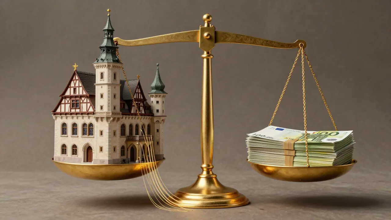 Waage mit historischem Gebäude und Geldbündeln, symbolisiert steuerliche Vorteile durch Denkmalschutz.