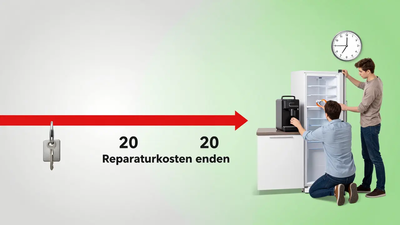 Zeitlinie einer Küche: von neu bis 20 Jahre alt, mit klarem Rechtspunkt und Austausch von Geräten.