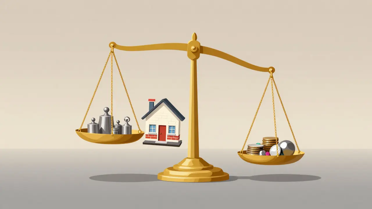 Abstrakte Darstellung eines Hauses auf einer Waage mit Münzen.
