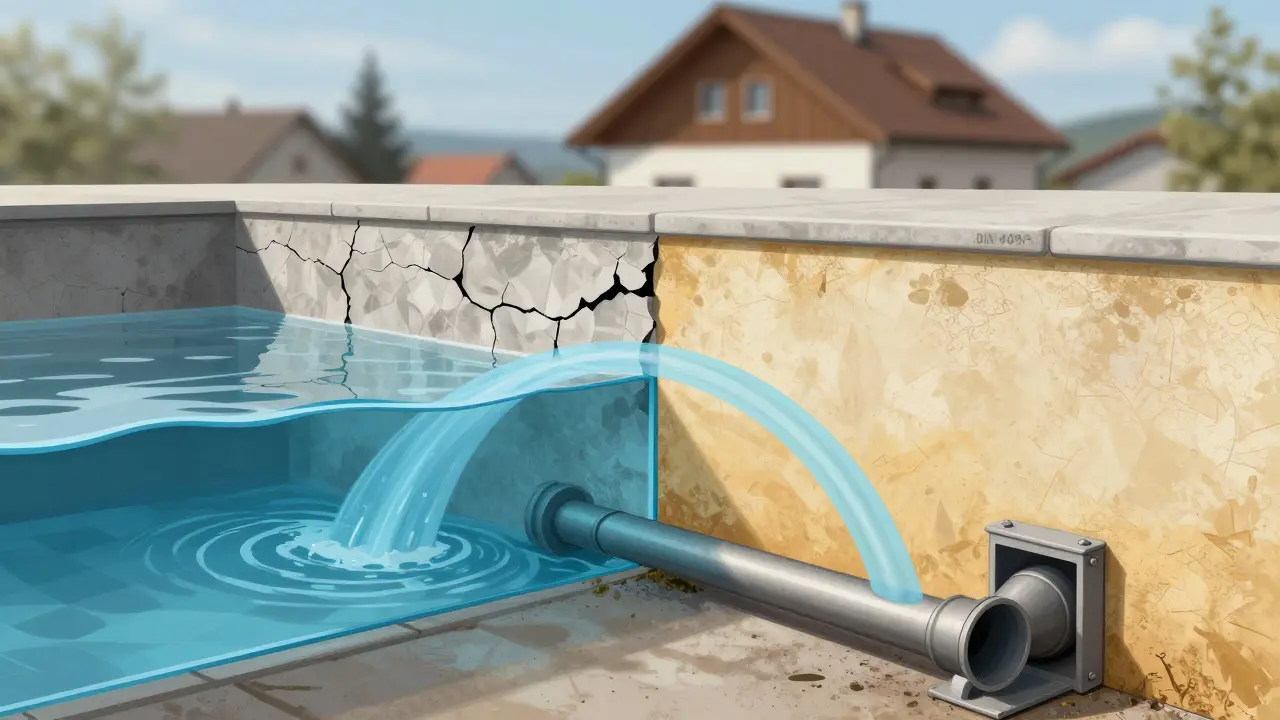 Cross-section showing water pressure damaging a basement wall versus a functional drainage system diverting water away.