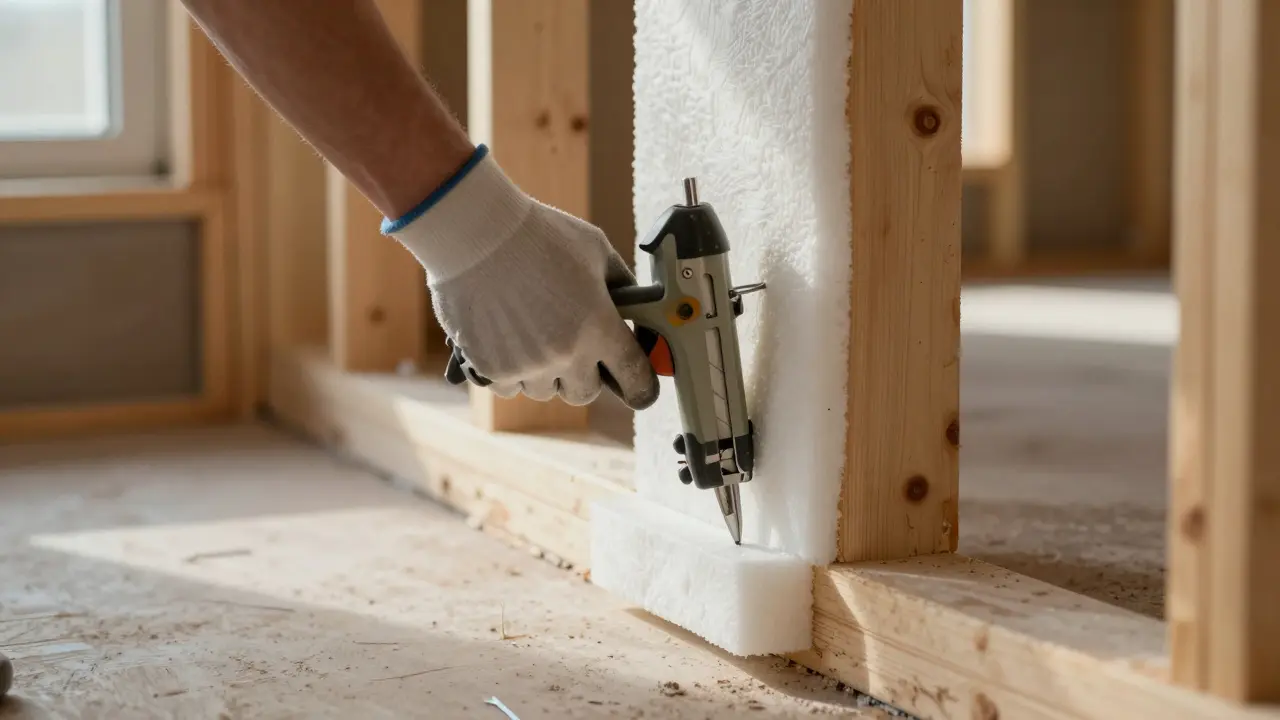 Dämmfolie wird mit Heftklammern an Holzrahmen befestigt