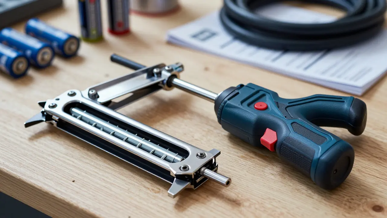 Detailansicht von Nägel- und Klammergeräten auf Werkbank