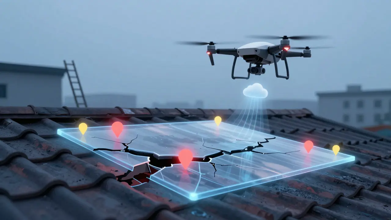 Digitales Overlay zeigt versteckte Dachschäden wie Feuchtigkeit und Wärmebrücken, während eine Drohne darüber schwebt.