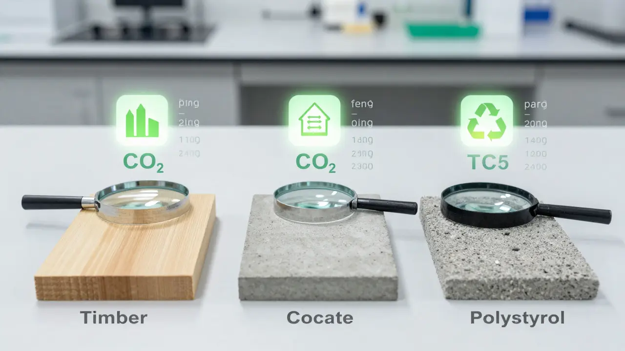 Drei Baustoffe mit visuellen Daten zu Energieverbrauch, CO₂ und Recycling auf einem Laborbrett.