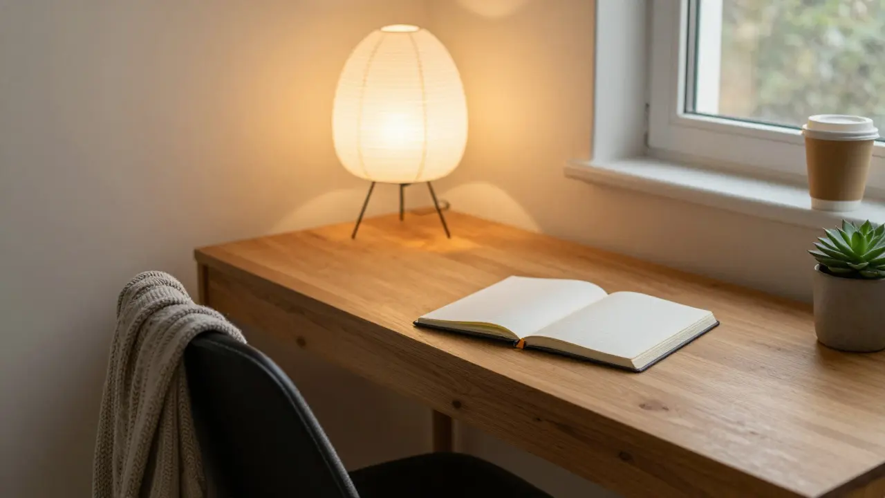 Ein gemütliches Home Office mit Eichenschreibtisch, schwarzer Stuhl, Papierlampe und einem darübergehangenen Pullover.