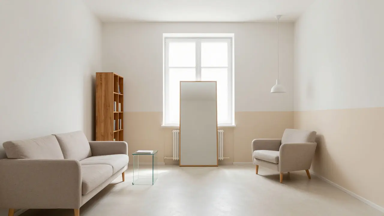 Ein minimalistisches Wohnzimmer mit nur fünf Möbelstücken, einem Spiegel gegenüber dem Fenster und einer zweifarbigen Wandgestaltung, die mehr Raumgefühl vermittelt.