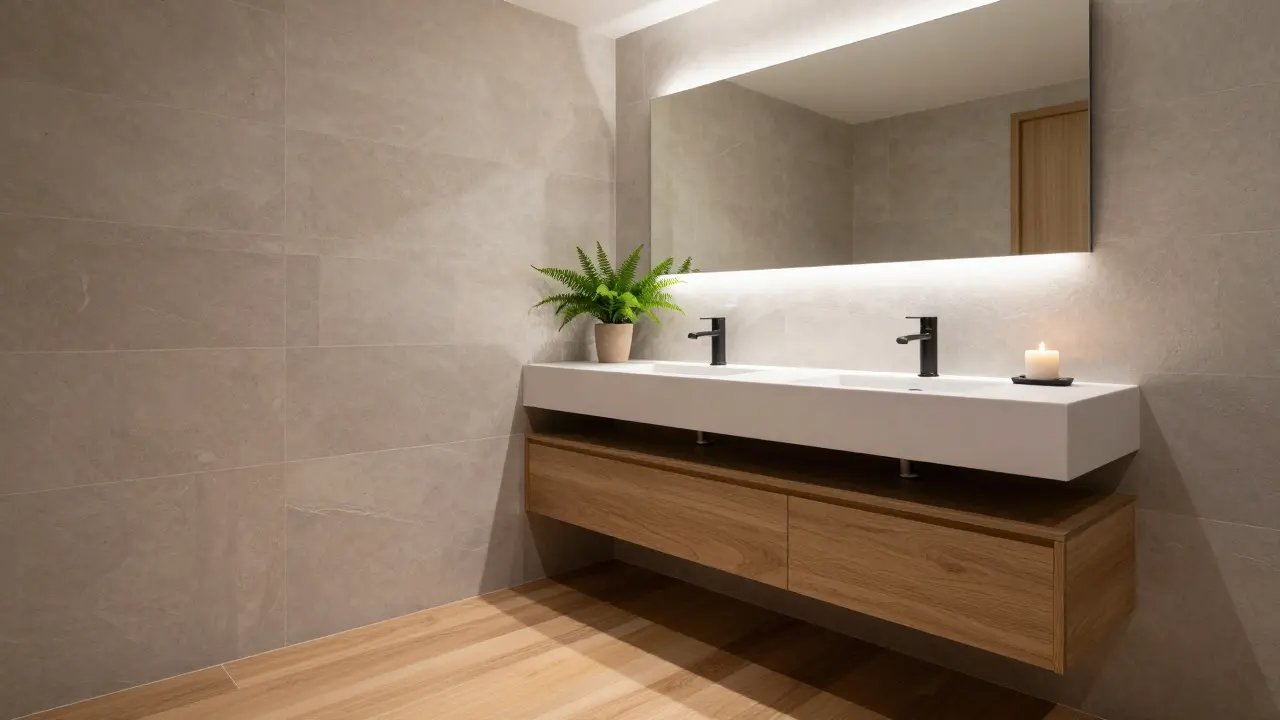 Ein modernes Badezimmer mit Holzboden, Natursteinfliesen, LED-Beleuchtung und einer Kerze auf der Arbeitsplatte.