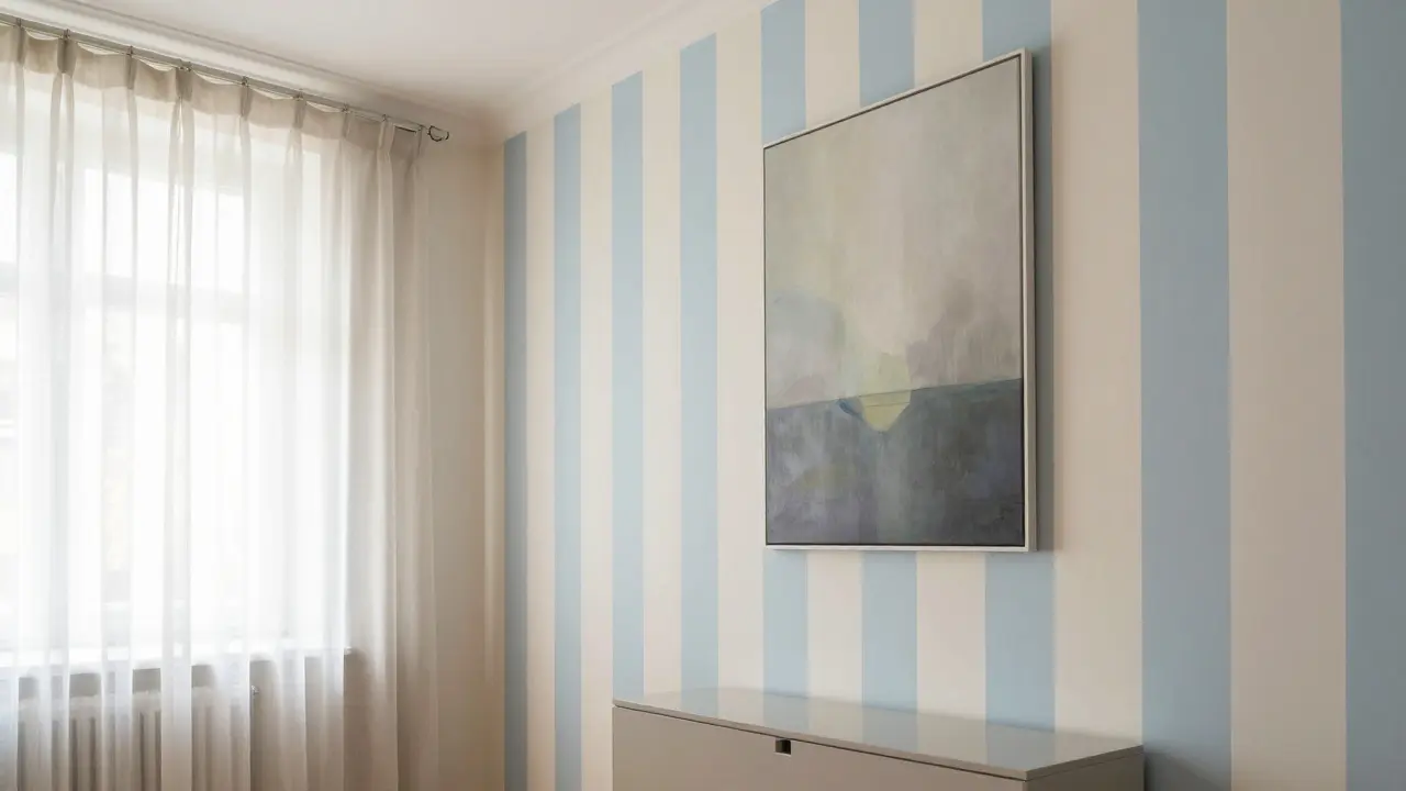 Eine vertikale Wand mit schmalen blauen Streifen und hochgezogenen Vorhängen, die den Raum nach oben strecken und eine luftige Atmosphäre schaffen.