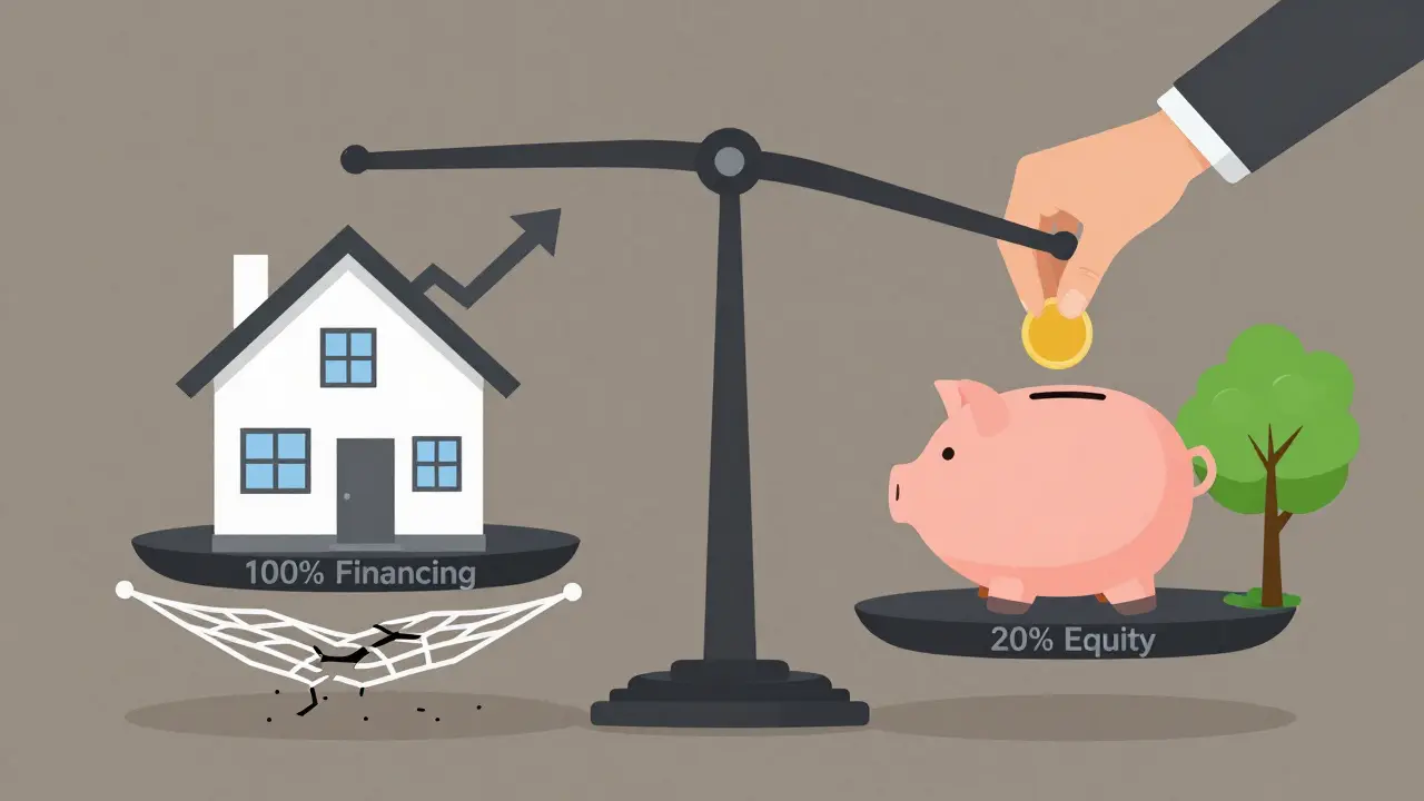 Eine Waage zeigt das Risiko einer Vollfinanzierung gegenüber dem sicheren Weg mit Eigenkapital.