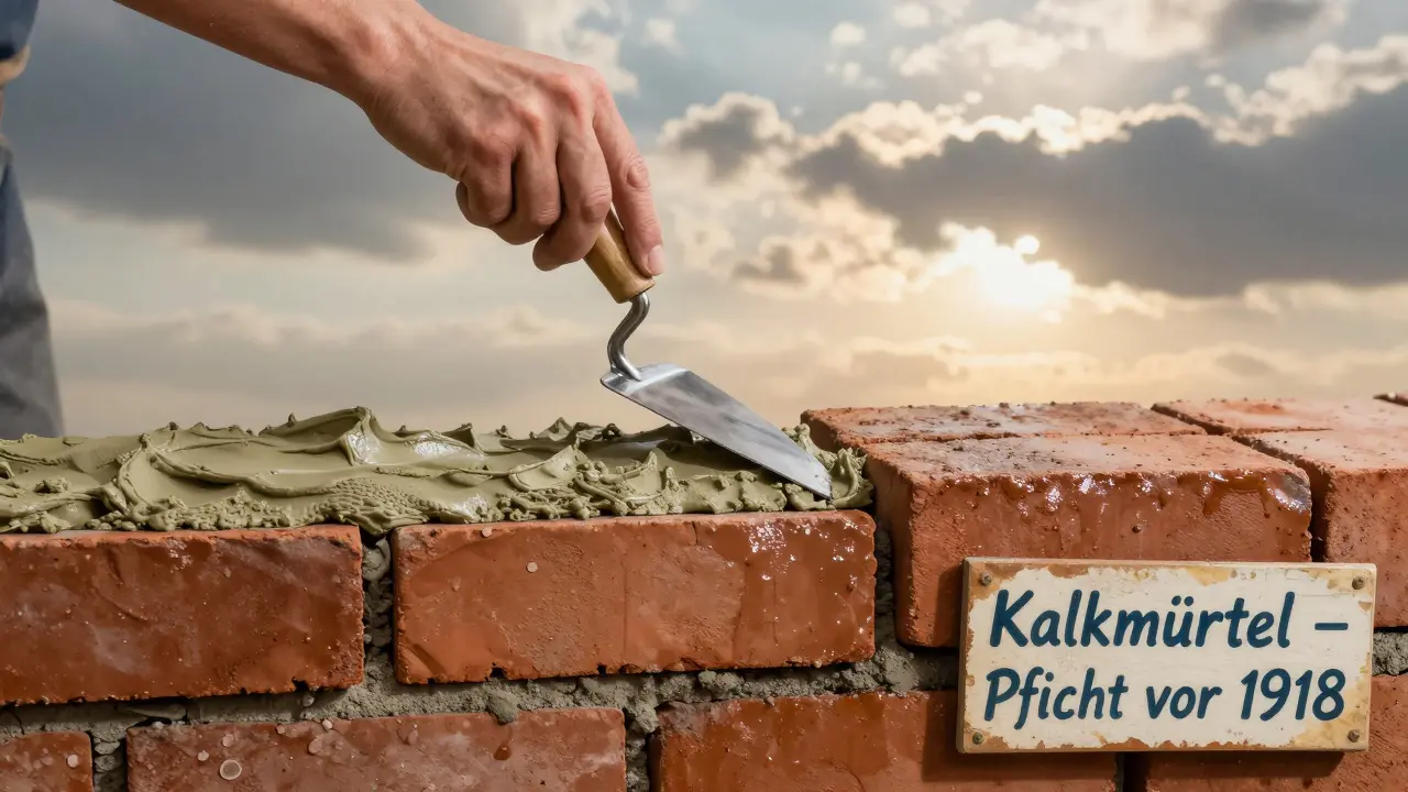 Fachmann füllt frischen Kalkmörtel in eine präzise ausgebaute Fuge einer alten Backsteinfassade.