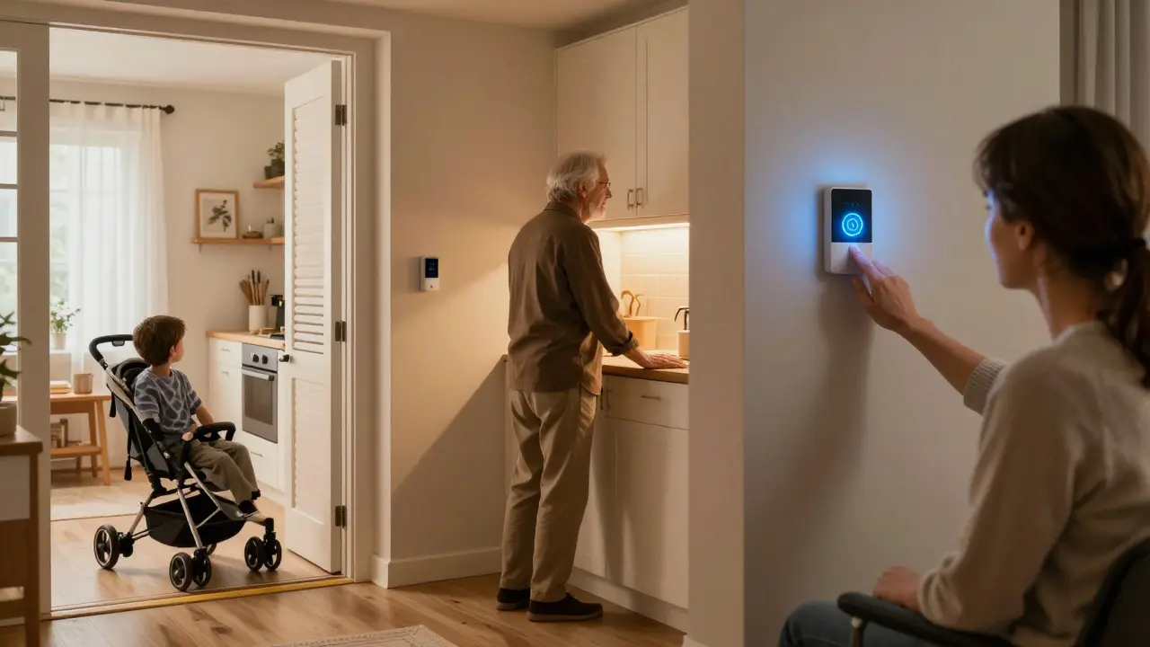 Familie in einem barrierefreien Zuhause mit stufenlosem Eingang und visuellen Warnleuchten.